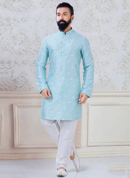 Sky Blue Colour Fancy Festive Wear Designer Latest Kurta Pajama Mens Collection Ks 1106